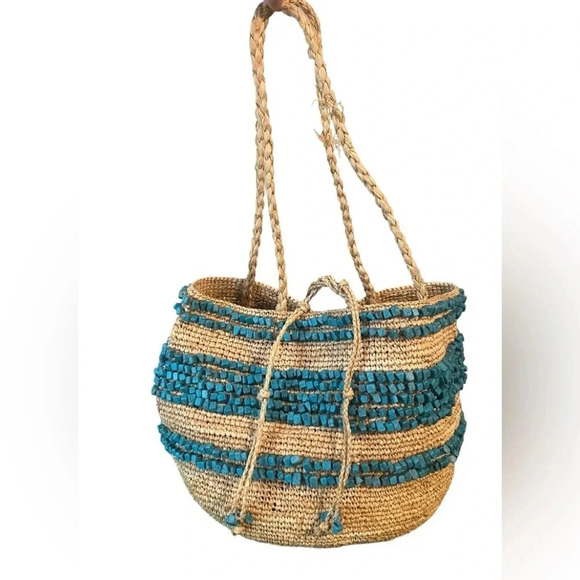 J. Crew Woven Straw Turquoise Stone Detail Tote Bag - Picture 1 of 6